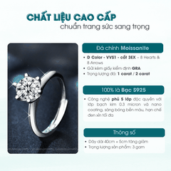 Classic Solitaire Ring | Nhẫn Moissanite 2 Carat Round Cut | Sterling Silver 925 | Kèm Giấy Kiểm Định GRA