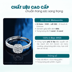 Square Halo Ring | Nhẫn Moissanite 2 Carat Round Cut | Sterling Silver 925 | Kèm Giấy Kiểm Định GRA