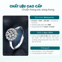 Floral Halo Ring | Nhẫn Moissanite 2 Carat Round Cut | Sterling Silver 925 | Kèm Giấy Kiểm Định GRA