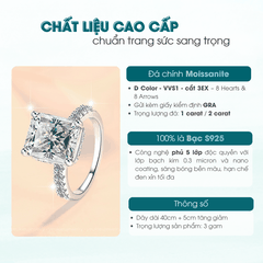 Eternal Princess Solitaire Ring | Nhẫn Moissanite 2 Carat Radiant Cut | Sterling Silver 925 | Kèm Giấy Kiểm Định GRA