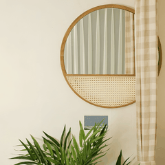 GƯƠNG DECOR TRÒN KHUNG GỖ TẦN BÌ PHỐI MÂY MẮT CÁO PHONG CÁCH JAPANDI