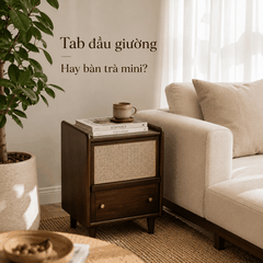 Tab Đầu Giường Gỗ Óc Chó Phối Mây Mắt Cáo Đa Năng | Phong Cách Japandi & Mid-Century Modern