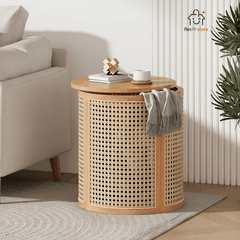Bàn Trà Kiêm Tab Đầu Giường Gỗ Tần Bì Phối Mây Mắt Cáo | Tủ Lưu Trữ Đa Năng Japandi