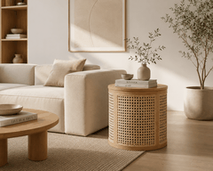 Bàn Trà Kiêm Tab Đầu Giường Gỗ Tần Bì Phối Mây Mắt Cáo | Tủ Lưu Trữ Đa Năng Japandi