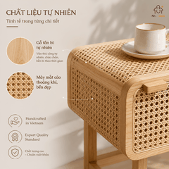 Tủ Tab Đầu Giường Gỗ Tần Bì Phối Mây Mắt Cáo| Bàn Trà Cạnh Sofa Đa Năng | Japandi Wabi Sabi Cao Cấp
