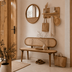 Kệ Treo Tường Gỗ Tần Bì Phối Mây Có Móc Treo Đa Năng | Decor Lối Vào Nhà Japandi | Flexfit Store