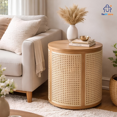 Bàn Trà Kiêm Tab Đầu Giường Gỗ Tần Bì Phối Mây Mắt Cáo | Tủ Lưu Trữ Đa Năng Japandi