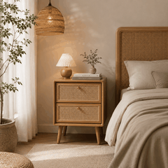 Tủ Tab Đầu Giường Gỗ Tần Bì Phối Mây 2 Ngăn | Tab Decor Đa Năng Japandi - Flexfit Store