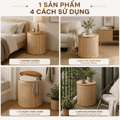 Bàn Trà Kiêm Tab Đầu Giường Gỗ Tần Bì Phối Mây Mắt Cáo | Tủ Lưu Trữ Đa Năng Japandi