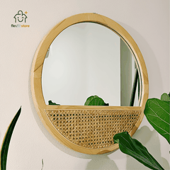 GƯƠNG DECOR TRÒN KHUNG GỖ TẦN BÌ PHỐI MÂY MẮT CÁO PHONG CÁCH JAPANDI