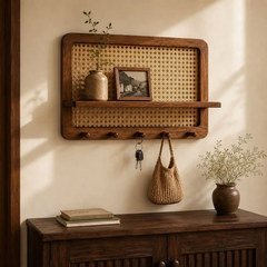 Kệ Treo Tường Gỗ Tần Bì Phối Mây Có Móc Treo Đa Năng | Decor Lối Vào Nhà Japandi | Flexfit Store