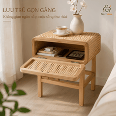 Tủ Tab Đầu Giường Gỗ Tần Bì Phối Mây Mắt Cáo| Bàn Trà Cạnh Sofa Đa Năng | Japandi Wabi Sabi Cao Cấp