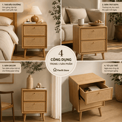 Tủ Tab Đầu Giường Gỗ Tần Bì Phối Mây 2 Ngăn | Tab Decor Đa Năng Japandi - Flexfit Store