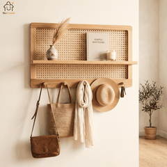 Kệ Treo Tường Gỗ Tần Bì Phối Mây Có Móc Treo Đa Năng | Decor Lối Vào Nhà Japandi | Flexfit Store