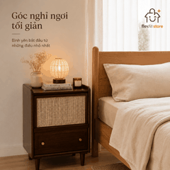 Tab Đầu Giường Gỗ Óc Chó Phối Mây Mắt Cáo Đa Năng | Phong Cách Japandi & Mid-Century Modern