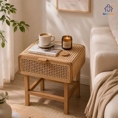 Tủ Tab Đầu Giường Gỗ Tần Bì Phối Mây Mắt Cáo| Bàn Trà Cạnh Sofa Đa Năng | Japandi Wabi Sabi Cao Cấp