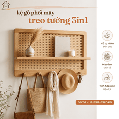 Kệ Treo Tường Gỗ Tần Bì Phối Mây Có Móc Treo Đa Năng | Decor Lối Vào Nhà Japandi | Flexfit Store