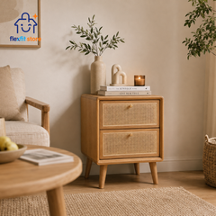 Tủ Tab Đầu Giường Gỗ Tần Bì Phối Mây 2 Ngăn | Tab Decor Đa Năng Japandi - Flexfit Store