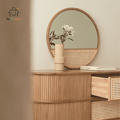 GƯƠNG DECOR TRÒN KHUNG GỖ TẦN BÌ PHỐI MÂY MẮT CÁO PHONG CÁCH JAPANDI