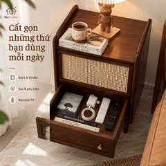 Tab Đầu Giường Gỗ Óc Chó Phối Mây Mắt Cáo Đa Năng | Phong Cách Japandi & Mid-Century Modern