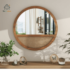 GƯƠNG DECOR TRÒN KHUNG GỖ TẦN BÌ PHỐI MÂY MẮT CÁO PHONG CÁCH JAPANDI
