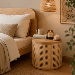Bàn Trà Kiêm Tab Đầu Giường Gỗ Tần Bì Phối Mây Mắt Cáo | Tủ Lưu Trữ Đa Năng Japandi