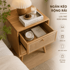 Tủ Tab Đầu Giường Gỗ Tần Bì Phối Mây 2 Ngăn | Tab Decor Đa Năng Japandi - Flexfit Store
