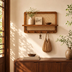 Kệ Treo Tường Gỗ Tần Bì Phối Mây Có Móc Treo Đa Năng | Decor Lối Vào Nhà Japandi | Flexfit Store