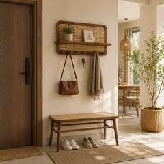 Kệ Treo Tường Gỗ Tần Bì Phối Mây Có Móc Treo Đa Năng | Decor Lối Vào Nhà Japandi | Flexfit Store