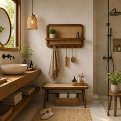 Kệ Treo Tường Gỗ Tần Bì Phối Mây Có Móc Treo Đa Năng | Decor Lối Vào Nhà Japandi | Flexfit Store