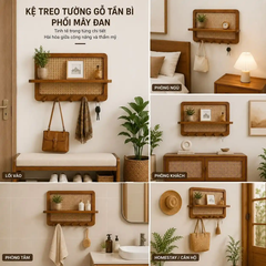 Kệ Treo Tường Gỗ Tần Bì Phối Mây Có Móc Treo Đa Năng | Decor Lối Vào Nhà Japandi | Flexfit Store