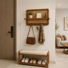 Kệ Treo Tường Gỗ Tần Bì Phối Mây Có Móc Treo Đa Năng | Decor Lối Vào Nhà Japandi | Flexfit Store