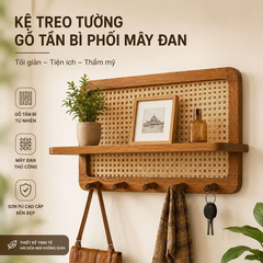 Kệ Treo Tường Gỗ Tần Bì Phối Mây Có Móc Treo Đa Năng | Decor Lối Vào Nhà Japandi | Flexfit Store