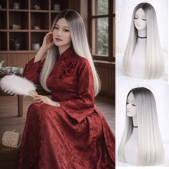 Tóc Giả Nguyên Đầu Ombre Trắng Chân Đen Có Da Đầu Tự Nhiên Tóc Bộ Lưới Hoa Cao Cấp Không Mái Như Tóc Thật