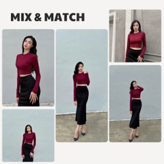 TD - Áo Tay Croptop Dài Cổ Tròn Ôm Dáng Trơn Thun Borip