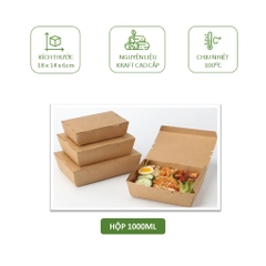 50 Hộp giấy kraft đựng thức ăn, gói quần áo nắp vuông gài kín 750ml, 1000ml, 1500ml