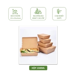 50 Hộp giấy kraft đựng thức ăn, gói quần áo nắp vuông gài kín 750ml, 1000ml, 1500ml