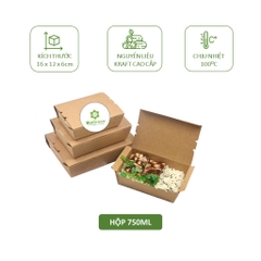 50 Hộp giấy kraft đựng thức ăn, gói quần áo nắp vuông gài kín 750ml, 1000ml, 1500ml