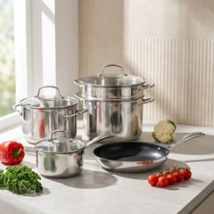 Bộ nồi chảo inox 304 Elmich Premium EL3134, nồi 18cm, 20cm, nồi hấp 24cm, chảo 26cm