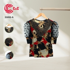 21052 - Lace Overlay Collar Decorative Stones in Pattern Combined with Sheer Lace Half Sleeves