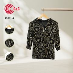 25091 - Shirt Collar Embellished Round Pearl Button With Puff Sleeves to Conceal Arm Flaws