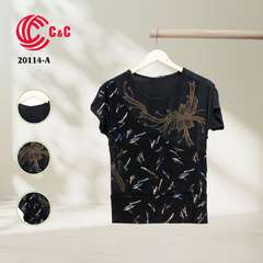 20114 - Luminous Mesh Fabric with Patterned Decorative Stone Flower Design