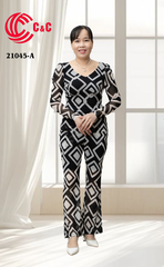 21045 - Bodycon Form V-Neck Long Sleeves Flared Pants with Pattern