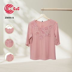 25054 - Round Neck Embroidered Lace Overlay with Glass Beads