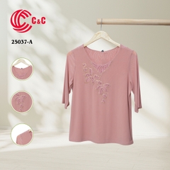 25037 - Round Neck Embroidered Floral Design on Front and Back Collar with Lace and Decorative Stones