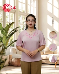 25114 - Embroidered Floral V-Neck Stylized Lace-up Short Sleeve Tops