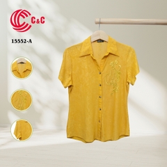 15552 - Short Sleeves Shirt Embroidered Stretch Fabric with Glass Bead Decoration