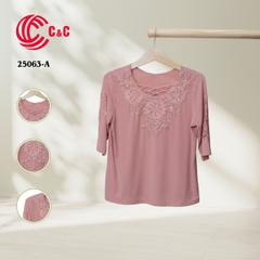 25063 - Round Neck Dress with Lace Overlay and Decorative Stones
