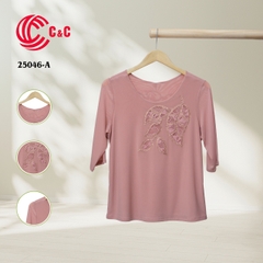 25046 - Round Neck Leaf Pattern Embroidered Lace Decorated with Beads on Front and Back