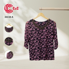 24110 - V-Neck Pattern Top with Stone Accents